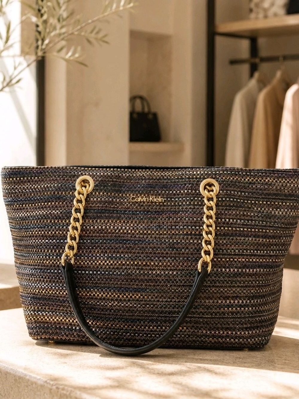 Calvin Klein N-Florence Woven Straw Tote Bag - Purple Multi